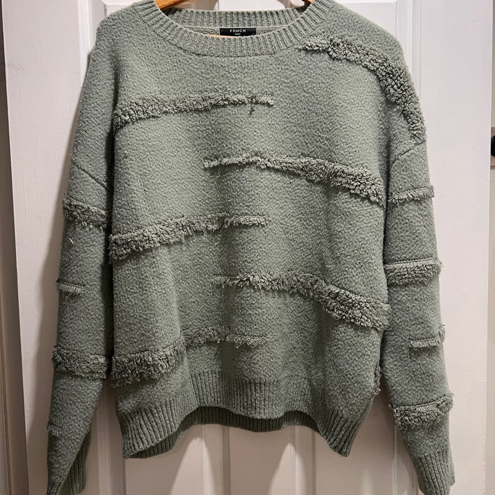FRNCH Sage Green Textured Fringe Crewneck Sweater